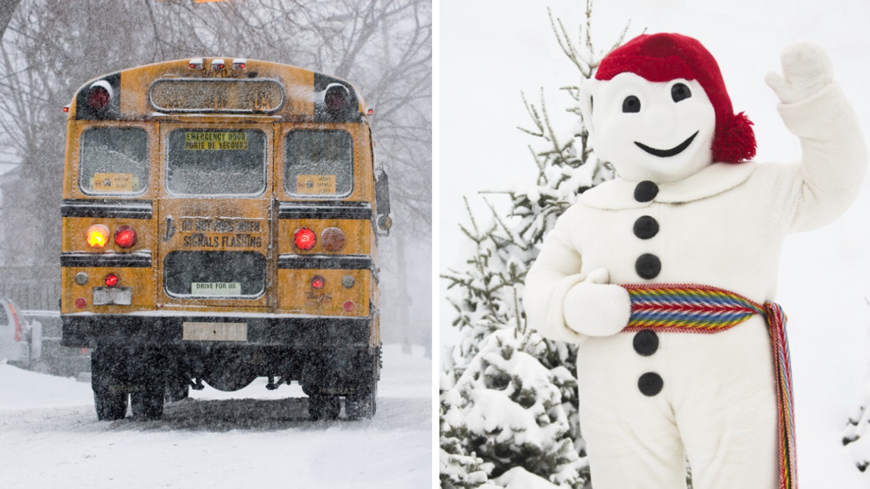 Autobus scolaire. Droite : Bonhomme Carnaval.