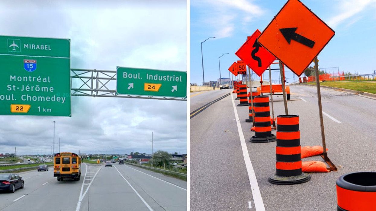 Autoroute 440 à Laval. Droite : cônes et panneaux routiers. 