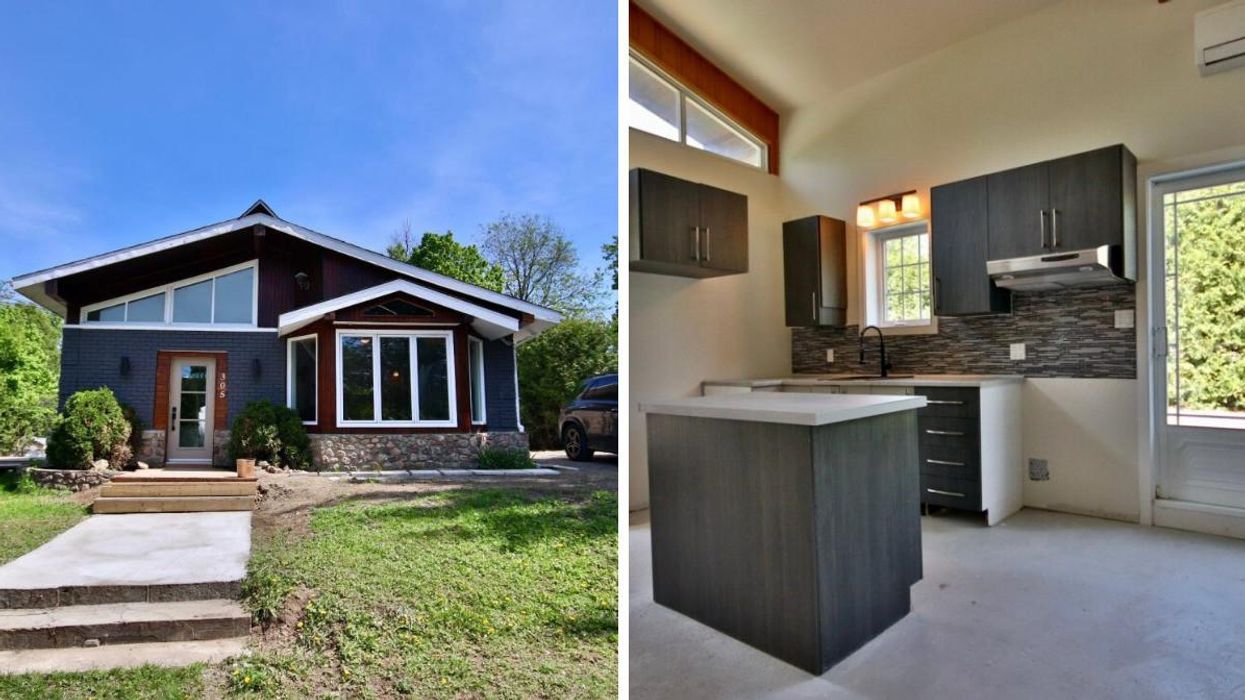 Avant d'une maison à vendre au Québec. Droite : Cuisine rénovée.