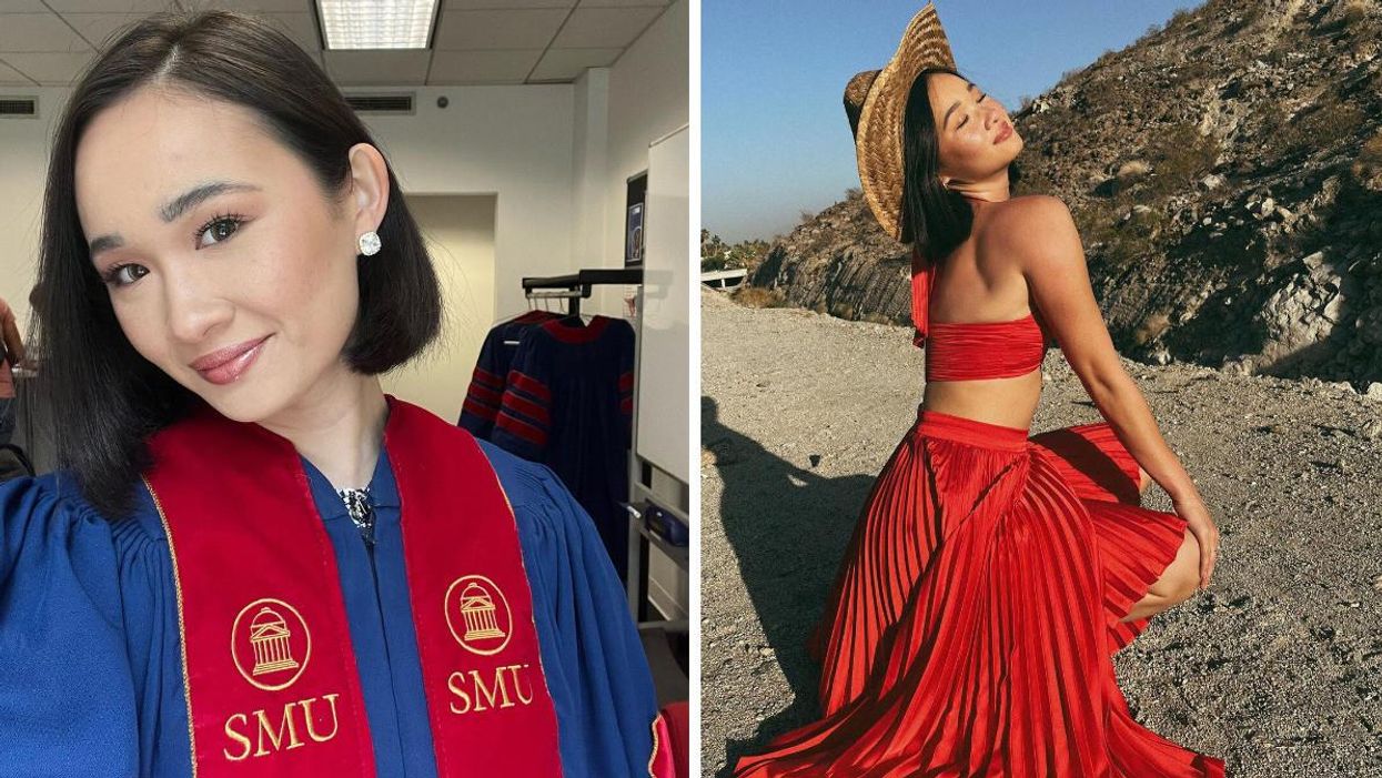 Averie Bishop poses in her SMU graduation gown. Right: Averie Bishop in Coachella Valley.