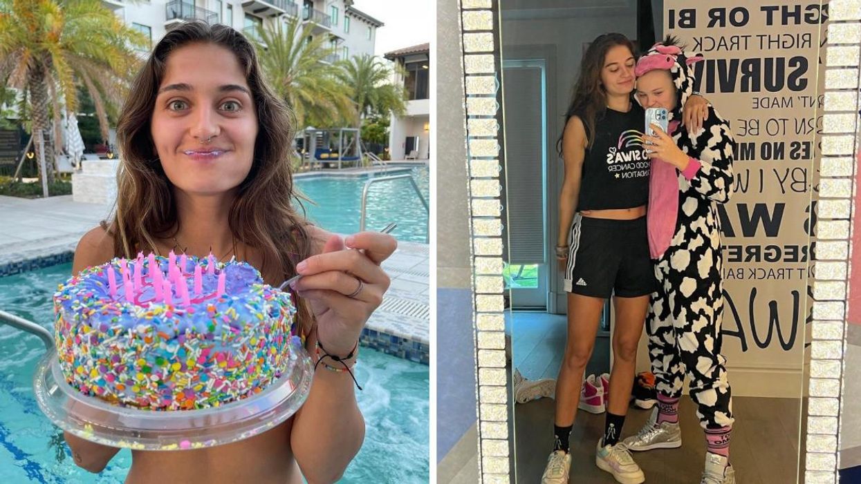 Avery Cyrus holding a birthday cake. Right: Avery Cyrus and Jojo Siwa take a photo together.