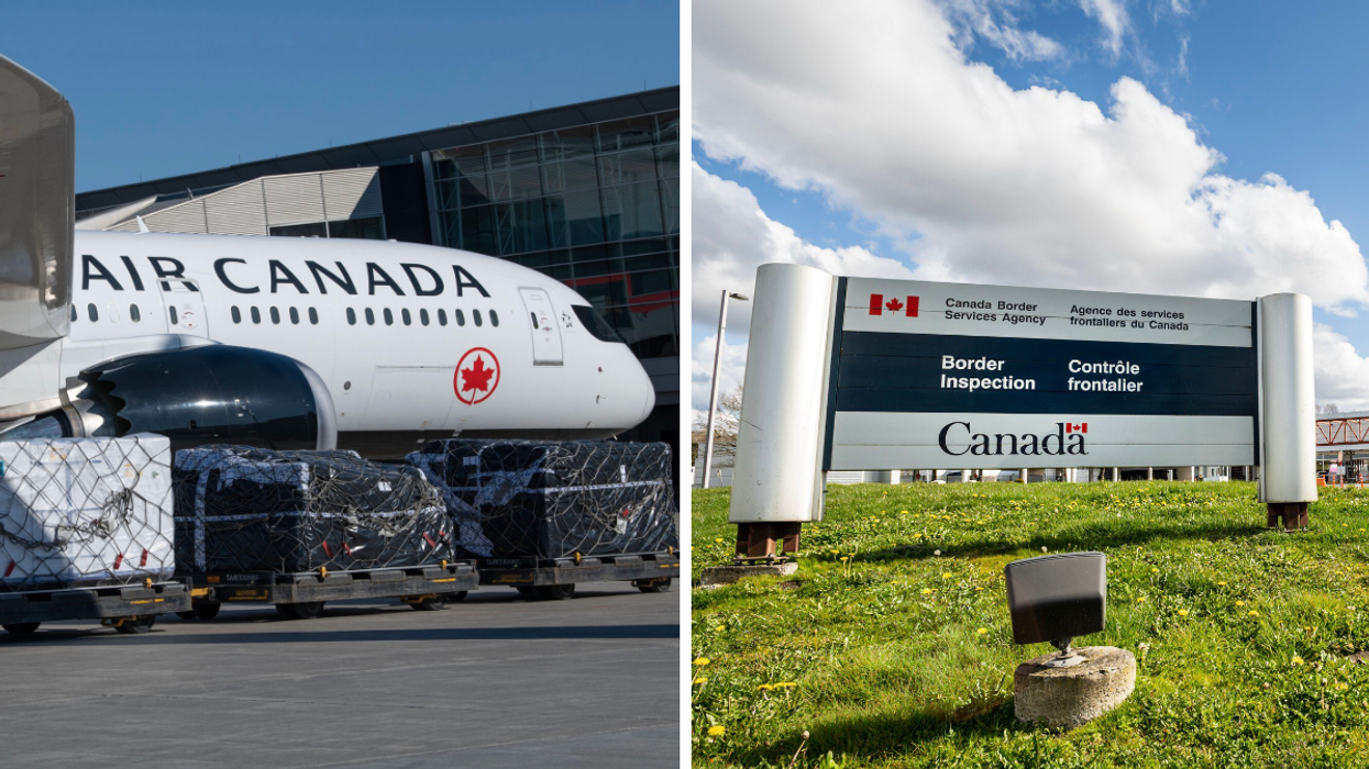 Avion Air Canada cargo au sol. Droite : Pancarte du Contrôle frontalier à la frontière canada-américaine.