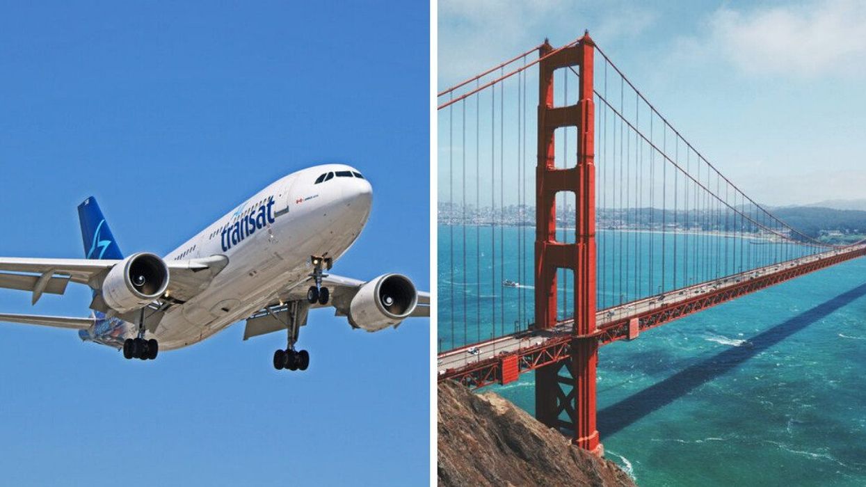 Avion Air Transat. Droite : Golden Gate Bridge à San Francisco.