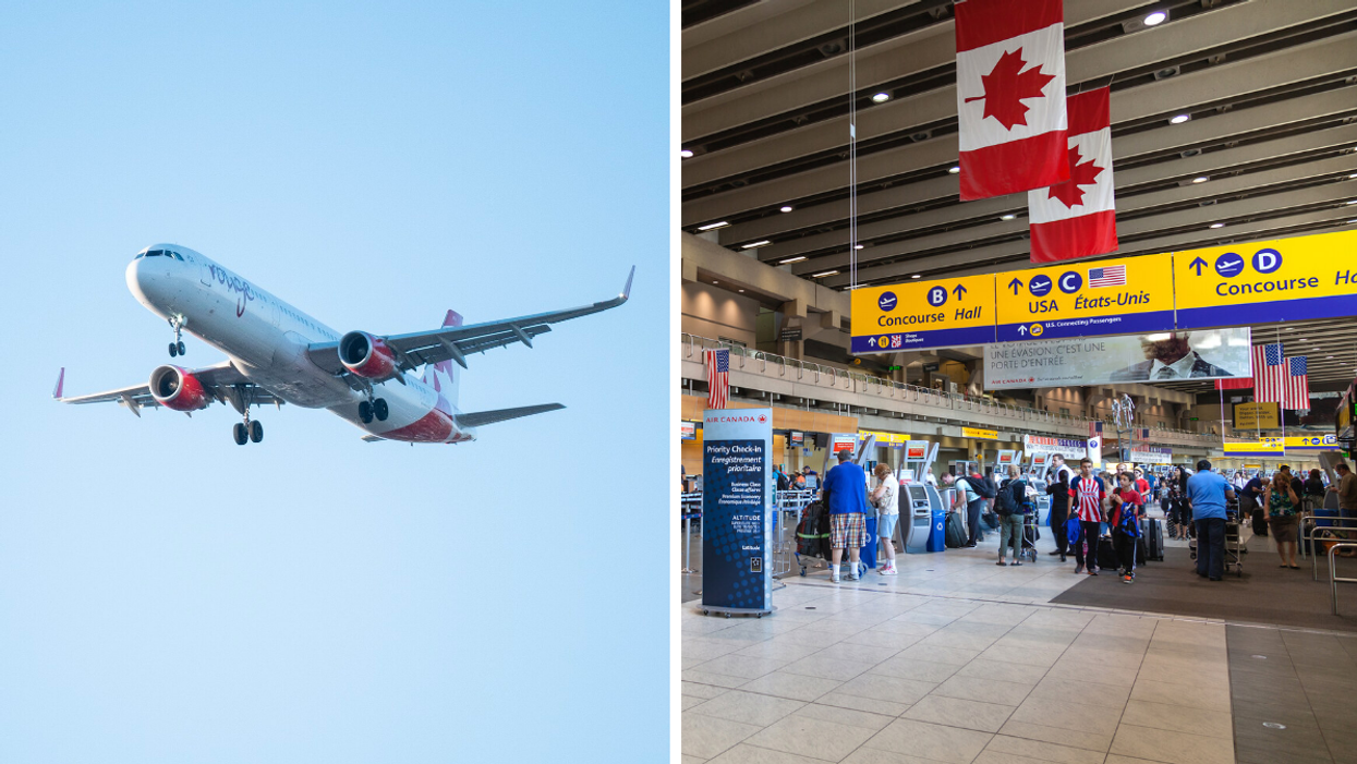 Avion en plein vol. Droite : Une foule dans un aéroport canadien.