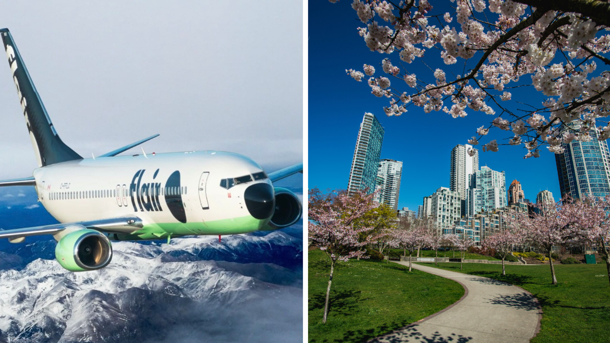 Avion Flair Airlines. Droite : Vue de la ville de Vancouver au printemps.