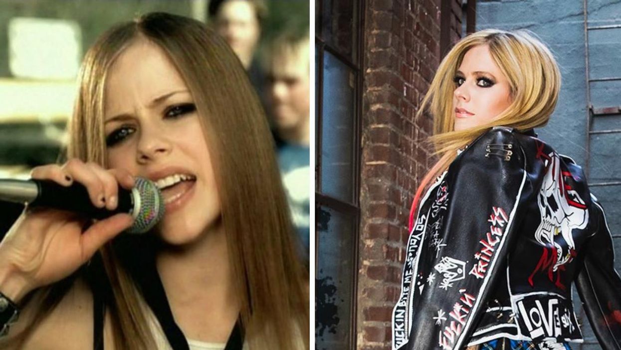 Avril Lavigne chantant dans un micro dans son vidéoclip 'Complicated'. Droite : Avril Lavigne portant un manteau de cuir pose en regardant derrière elle.