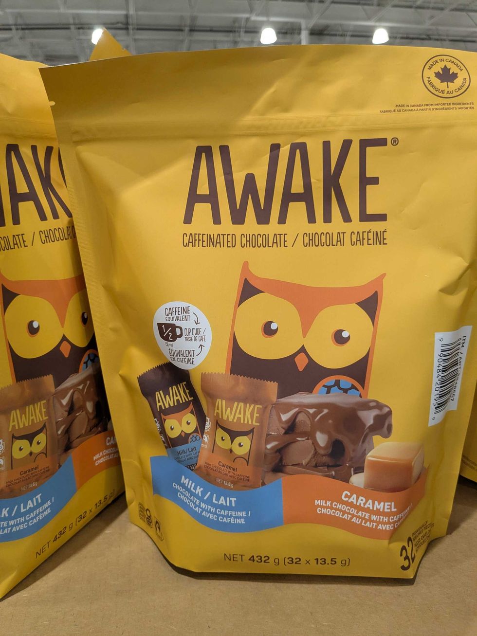 Awake caffeinated chocolate in a yellow bag