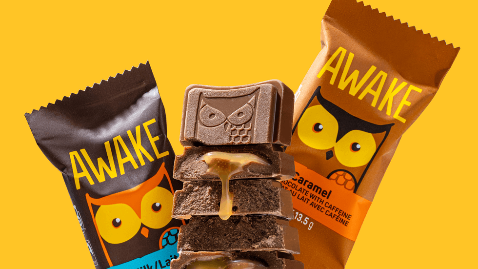 AWAKE Chocolate packaging and chocolate bars featuring packaging and oozing caramel.