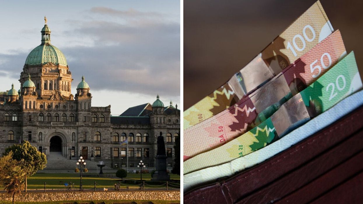 B.C. government building. Right: Canadian money.