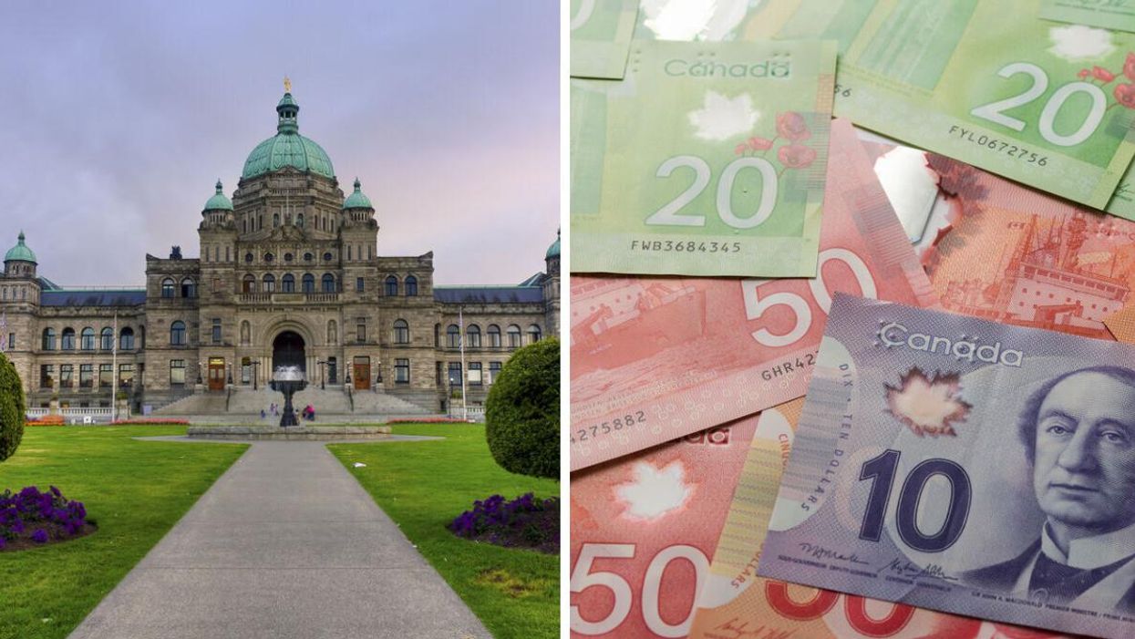 B.C. Legislative Building. Right: Canadian money.