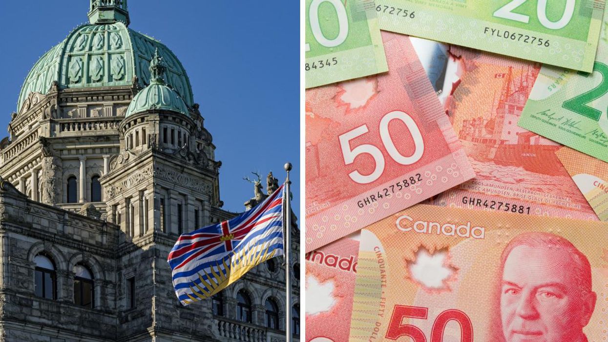B.C. Legislature building in Victoria. Right: Canadian money.