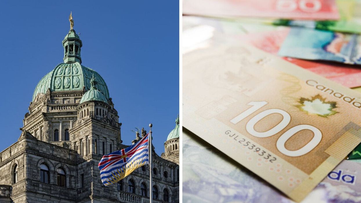 B.C. Parliament Building. Right: Canadian money.