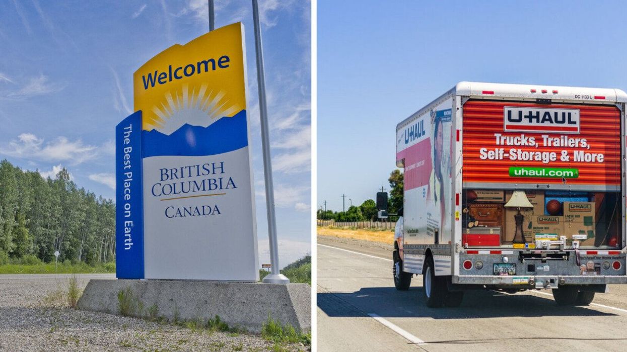 B.C. sign. Right: U-Haul truck.
