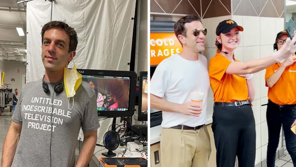 B.J. Novak on a set. Right: B.J. Novak meeting Whataburger employees in Texas.