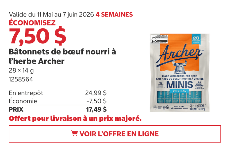 B\u00e2tonnets de b\u0153uf nourri \u00e0 l\u2019herbe Archer (28 x 14 g) au Costco.