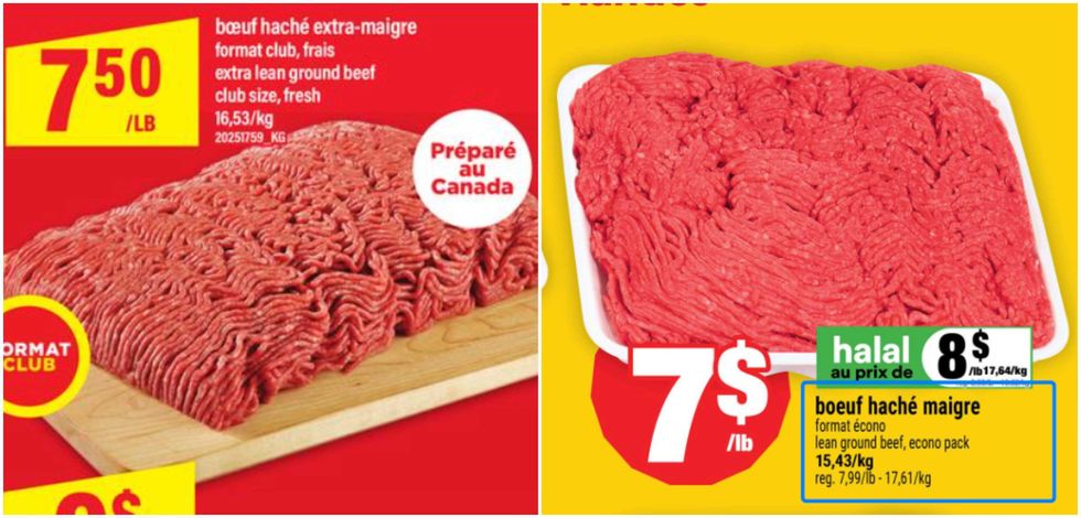 B\u0153uf hach\u00e9 extra-maigre en rabais au Maxi. Droite : B\u0153uf hach\u00e9 maigre halal en rabais au Super C.