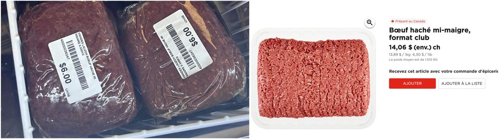 B\u0153uf hach\u00e9 mi-maigre au Liquidation Marie. Droite : B\u0153uf hach\u00e9 mi-maigre sur le site du Maxi.