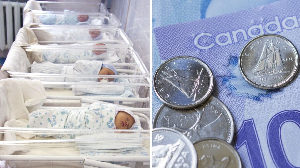 Babies in a hospital. Right: Canadian dollars.