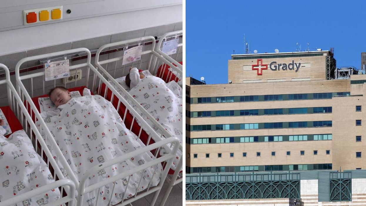 Babies in hospital beds. Right: Grady hospital in Atlanta, GA.