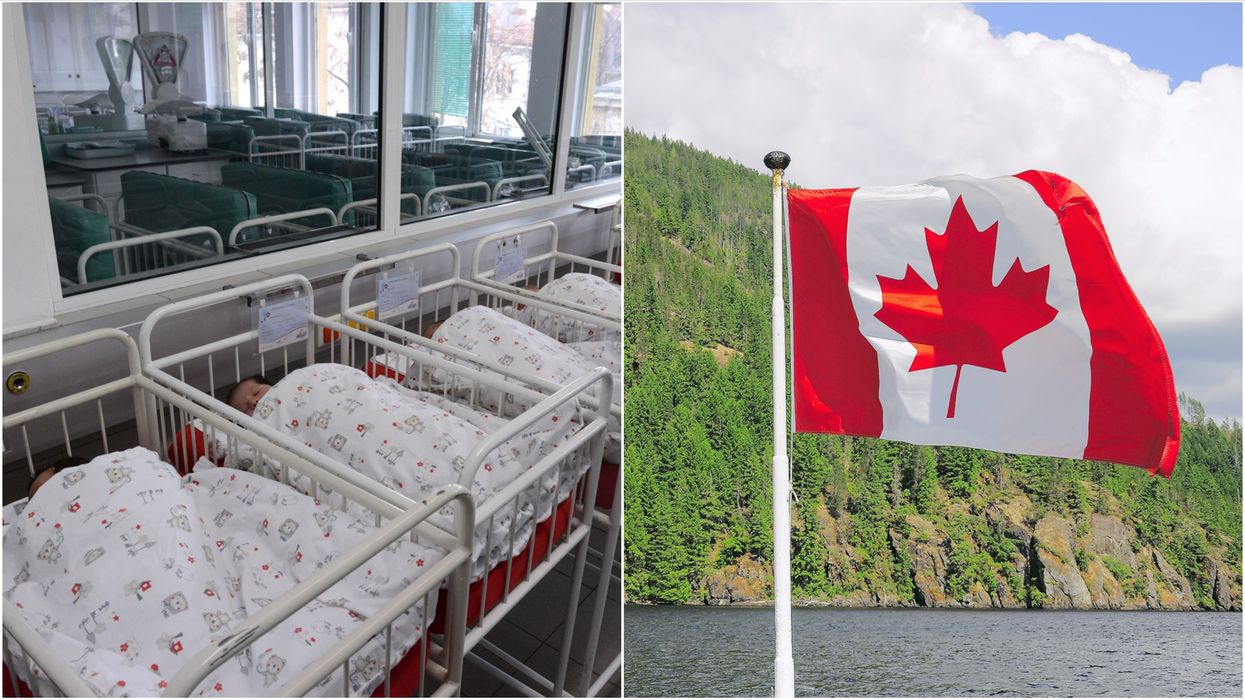 Babies sleeping in a row of cribs. Right: A Canadian flag blowing in the wind.