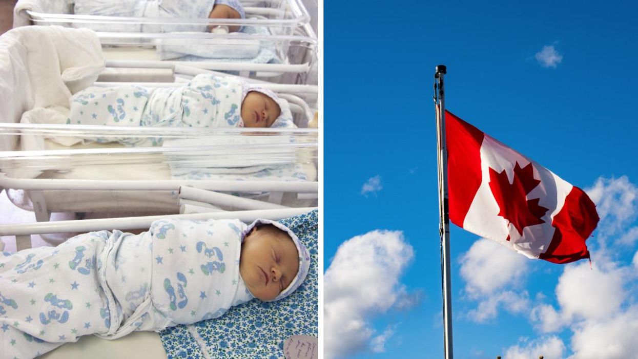 Babies sleeping in hospital bassinets. Right: The Canadian flag blowing in the wind.