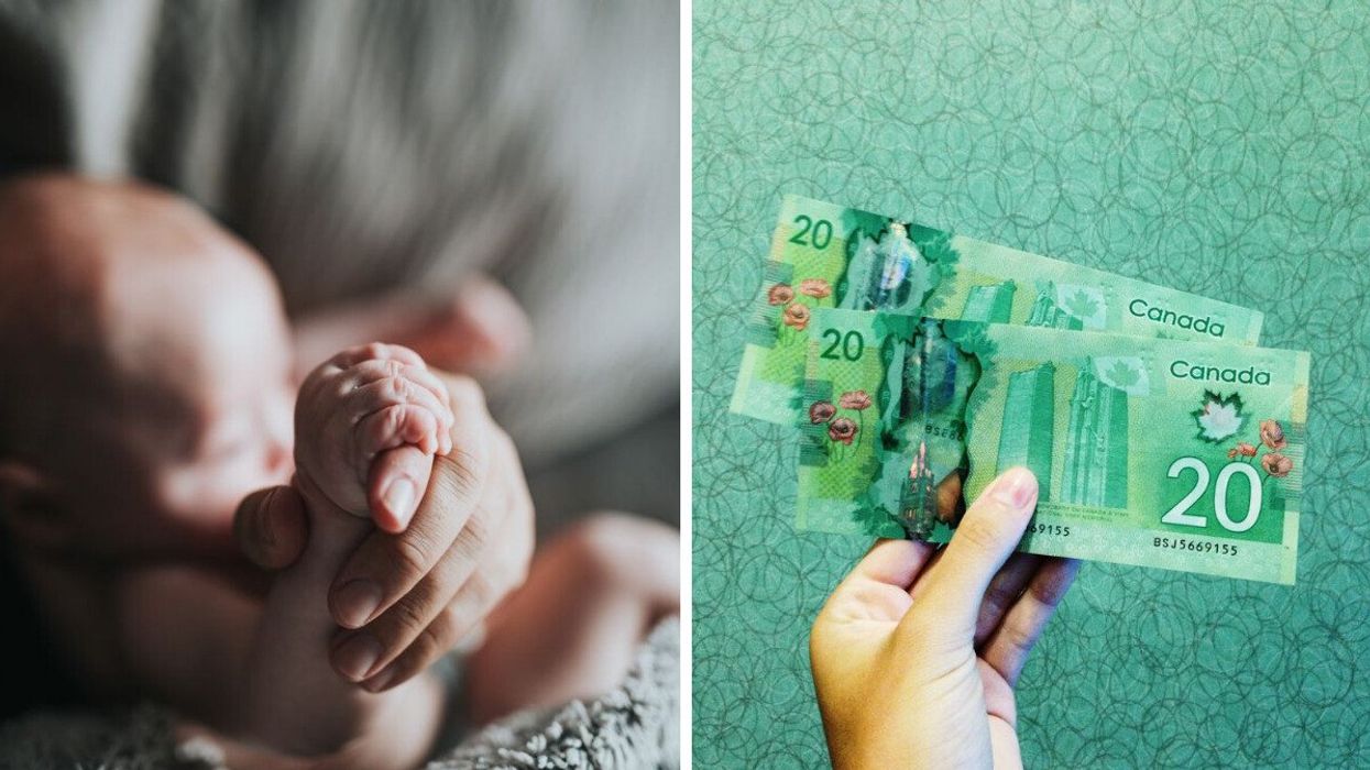 baby holding a person's finger. right: person holding up $20 bills in front of a green wall.