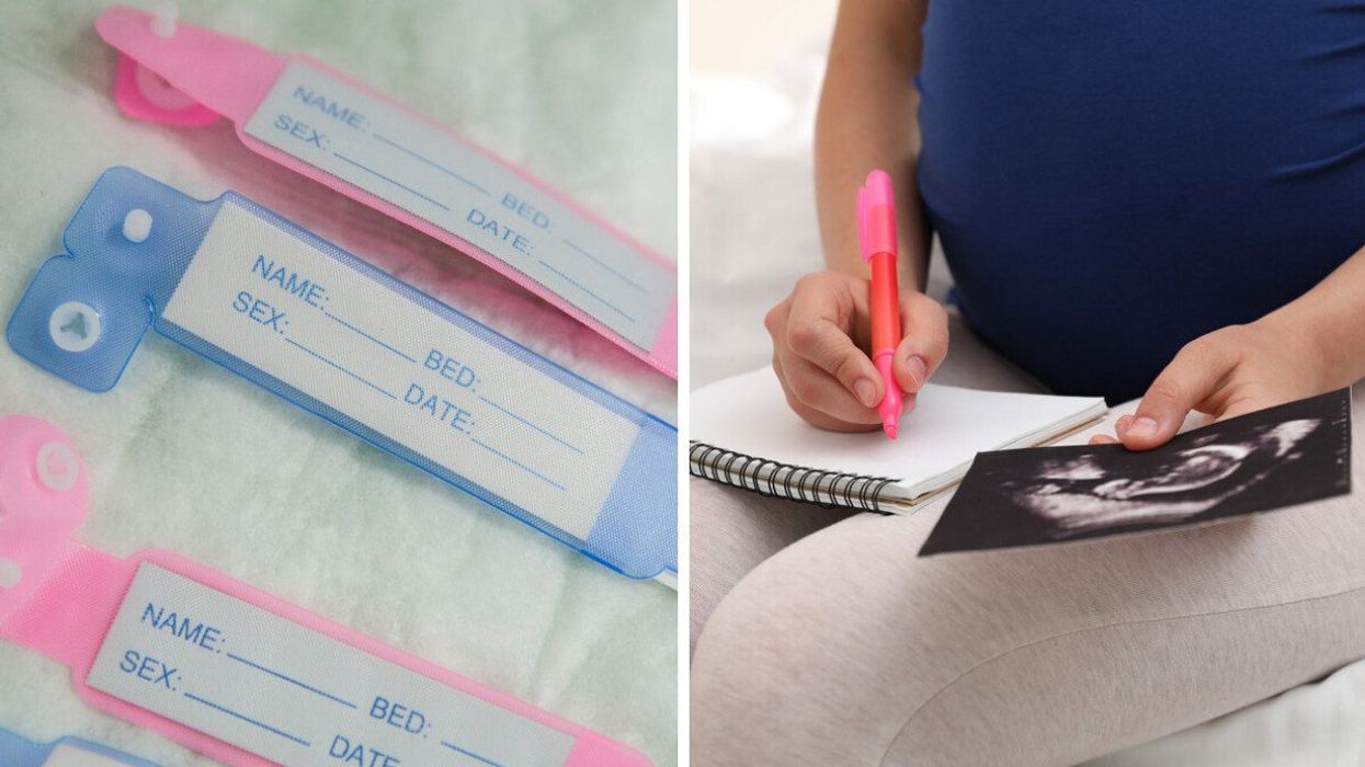 Baby naming tags. Right: A pregnant person holds a sonogram.