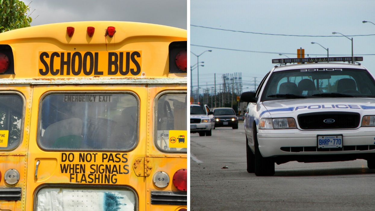 Back of a school bus. Right: Peel Regional Police cars.