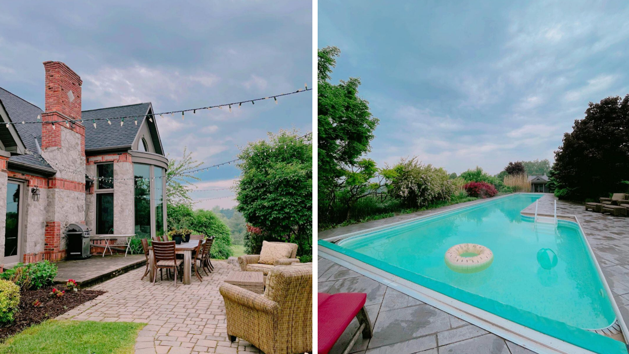 Backyard patio of country estate Airbnb in Ontario. Right: Massive outdoor pool surrounded by gardens.