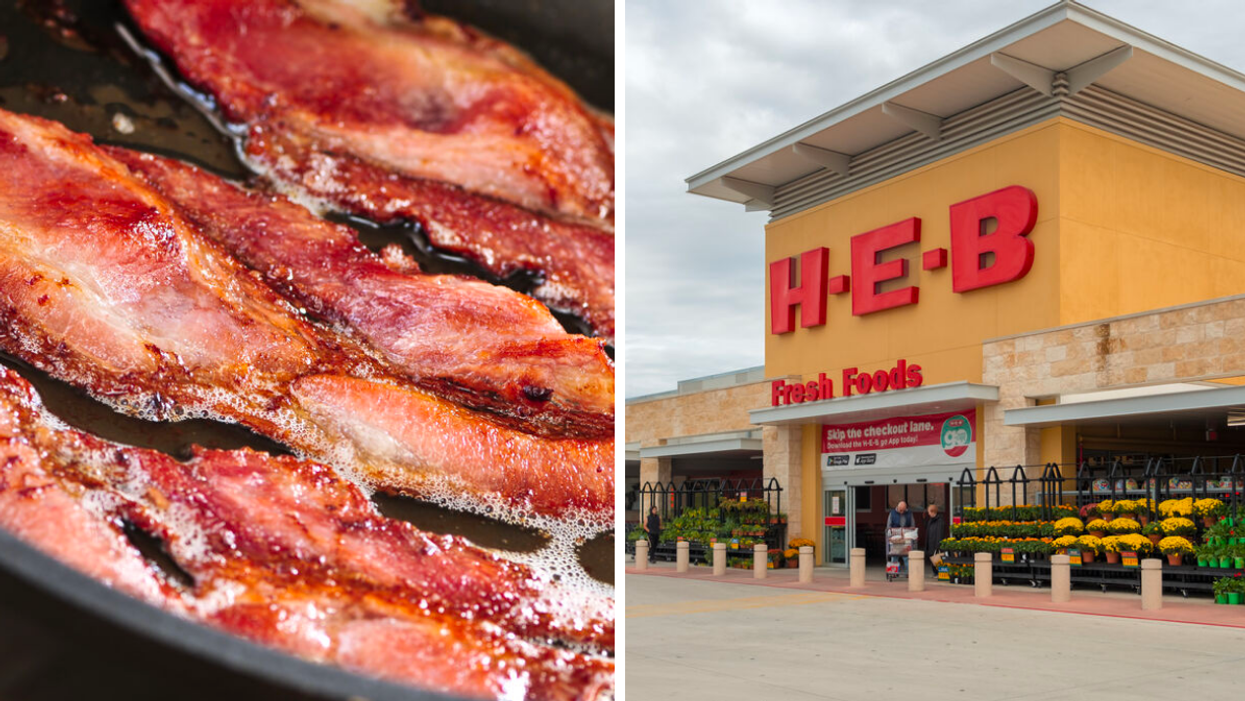 Bacon cooking in a frying pan. Right: The exterior of an H-E-B store.