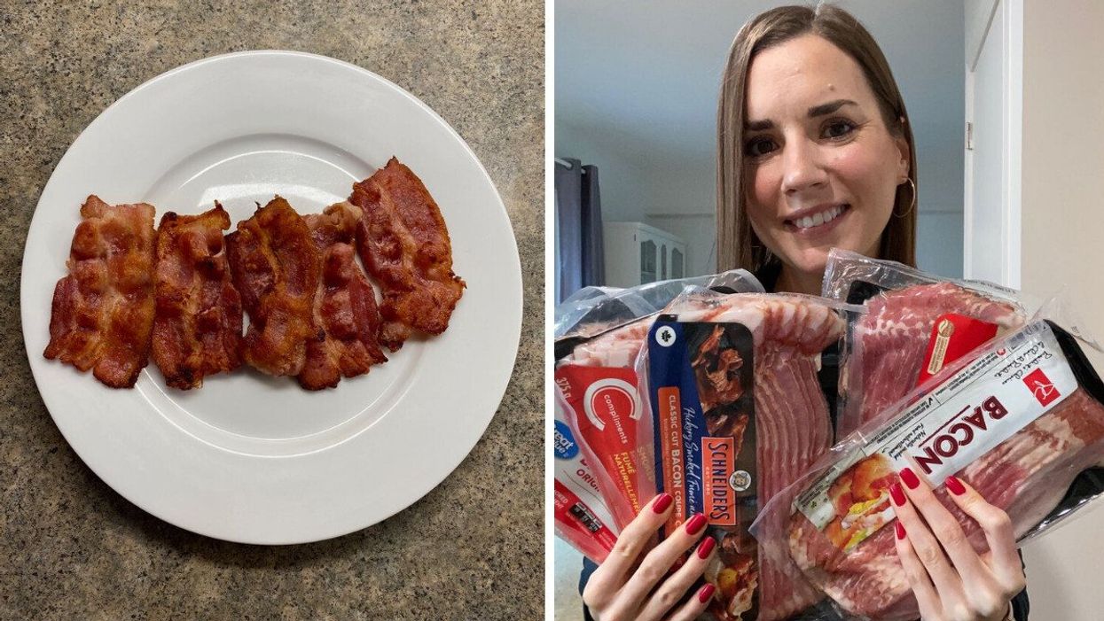 Bacon on a plate. Right: Asymina holding five pack of bacon.