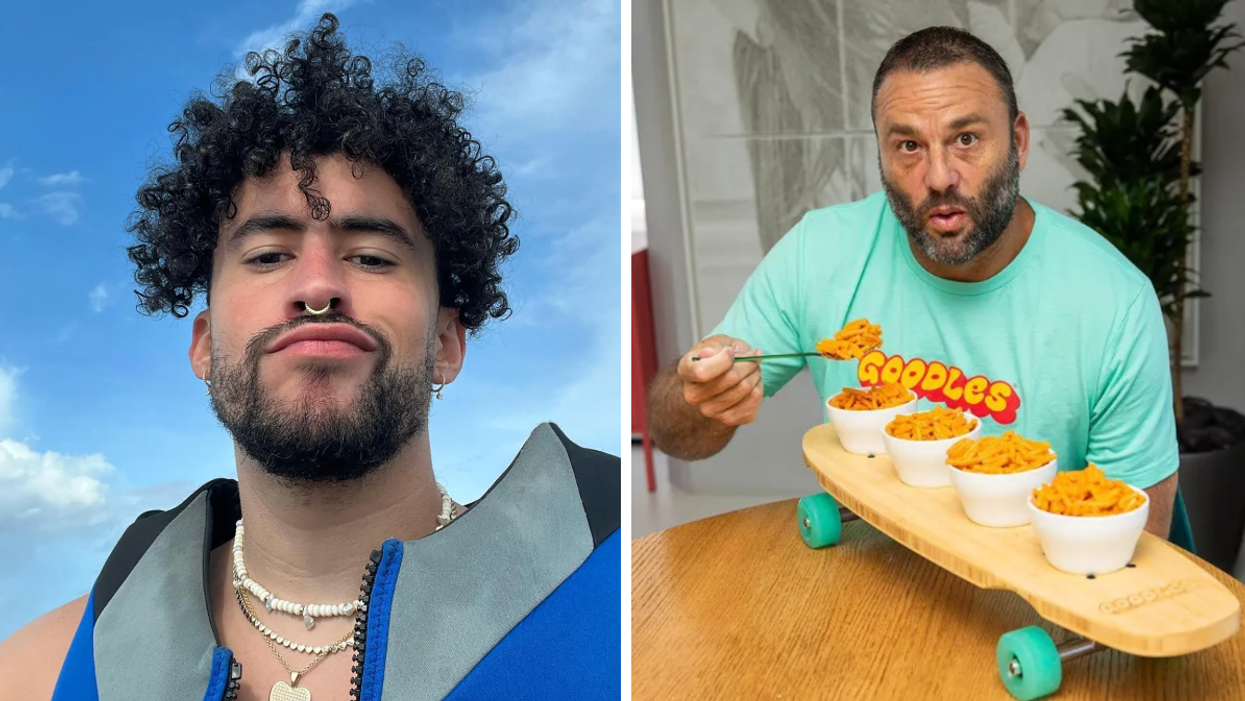 Bad Bunny in a life vest. Right: David Grutman eating noodles placed in bowls on top of a skateboard.