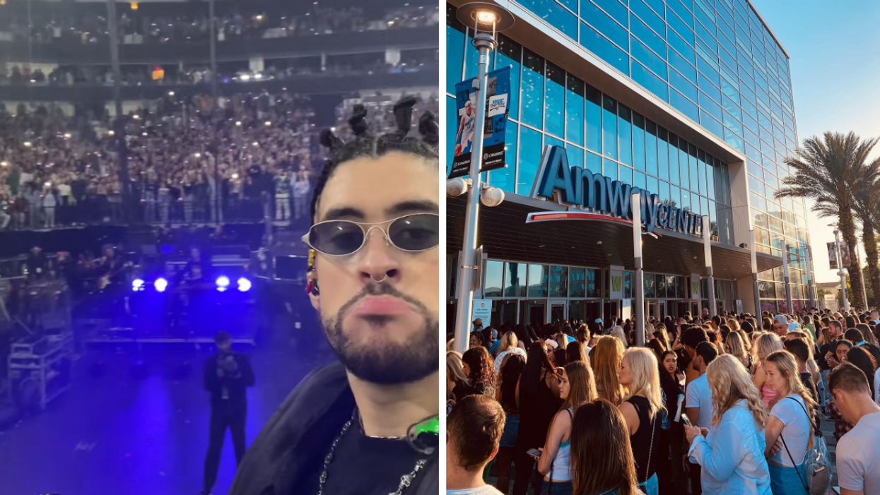 Bad Bunny performing at his concert. Right: The Orlando Amway Center concert venue.