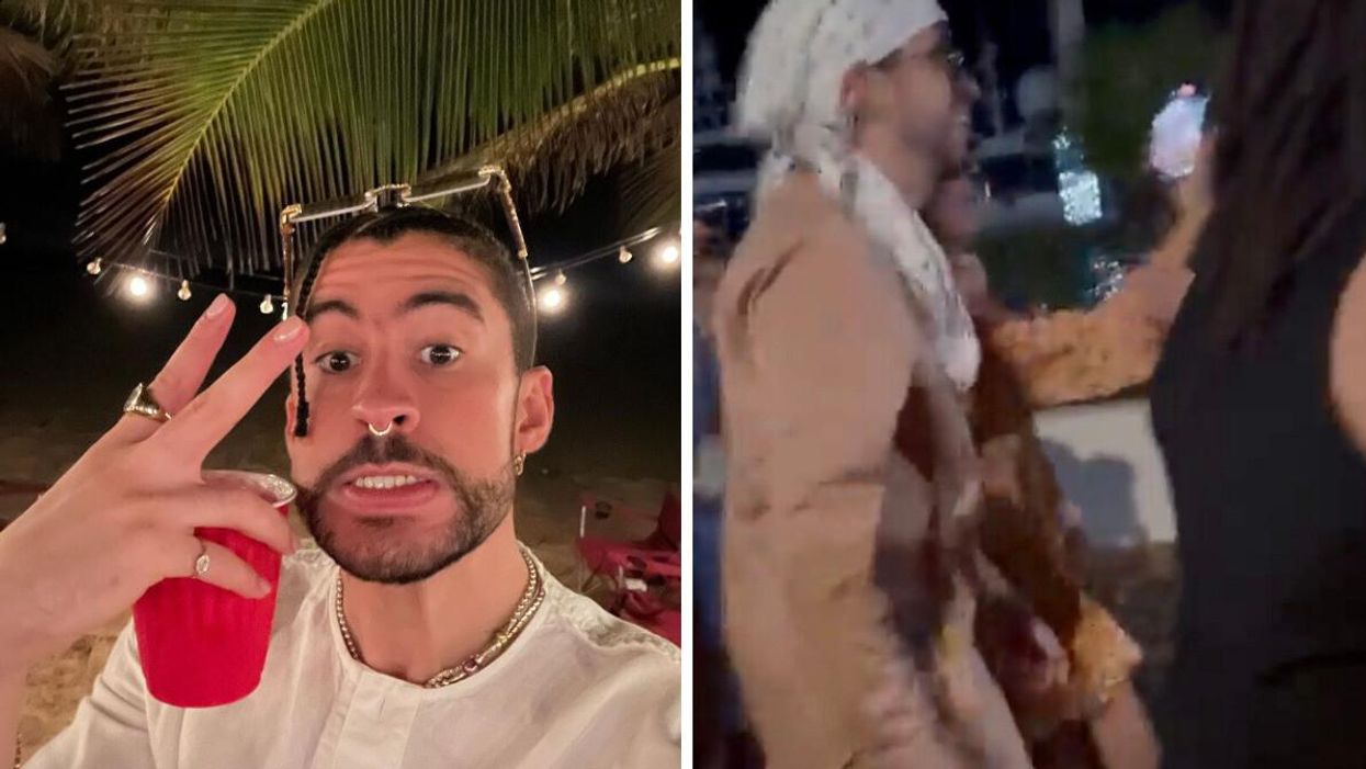 Bad bunny. Right: the video showing the interaction between Bad Bunny and the fan.