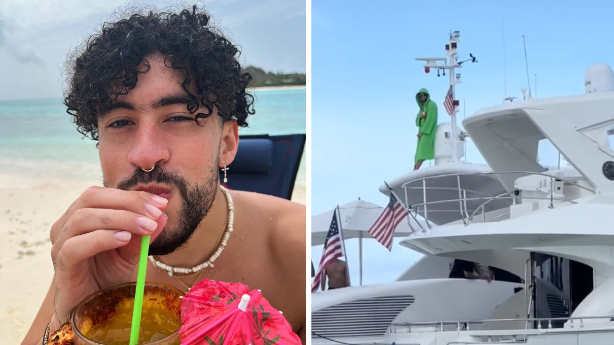 Bad Bunny sipping on a drink. Right: Bad Bunny on top of a yacht.