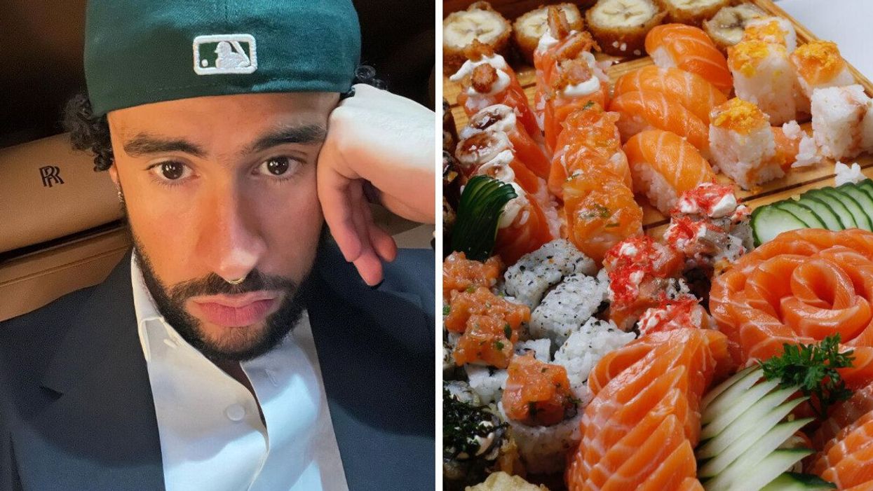 Bad Bunny taking a selfie. Right: A plate with different types of sushi.