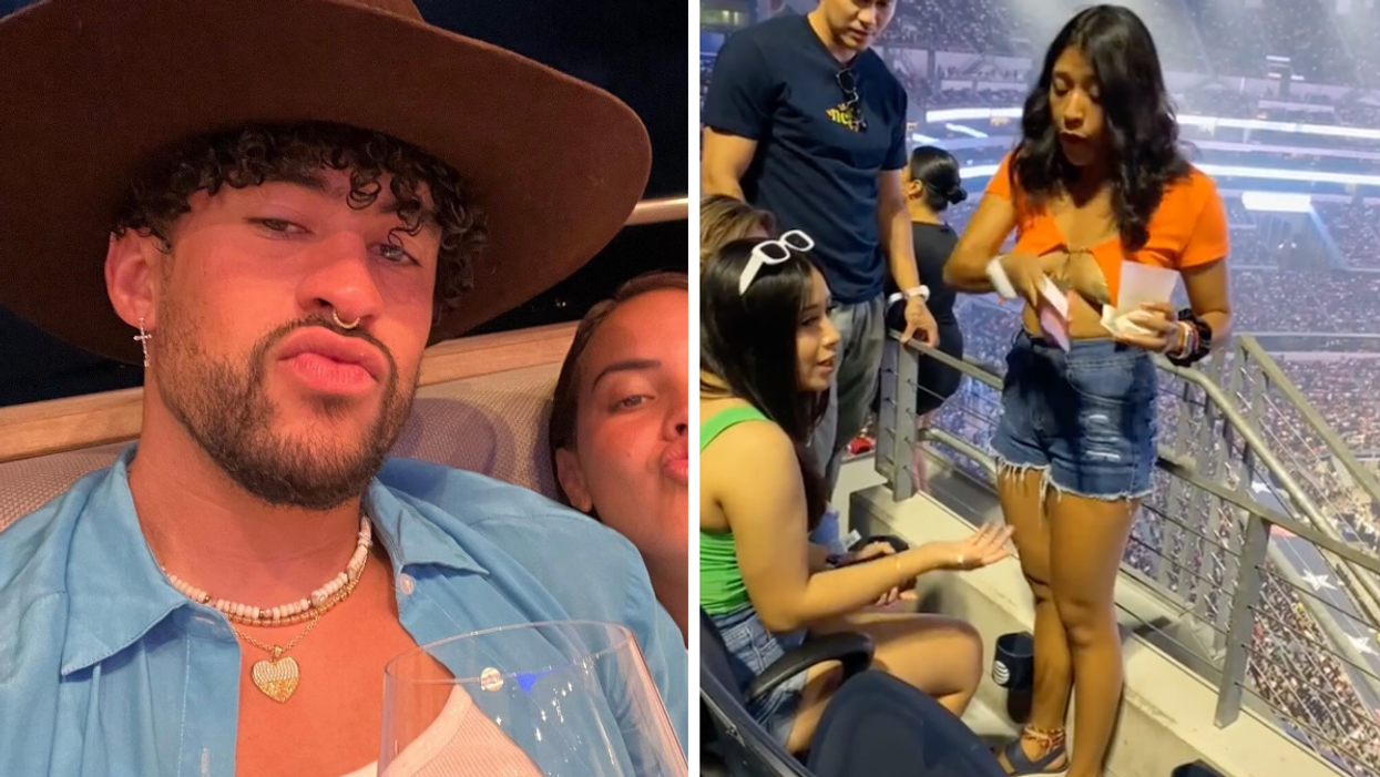 Bad Bunny wearing a cowboy hat. Right: A Bad Bunny fan in an orange top and jean shorts.
