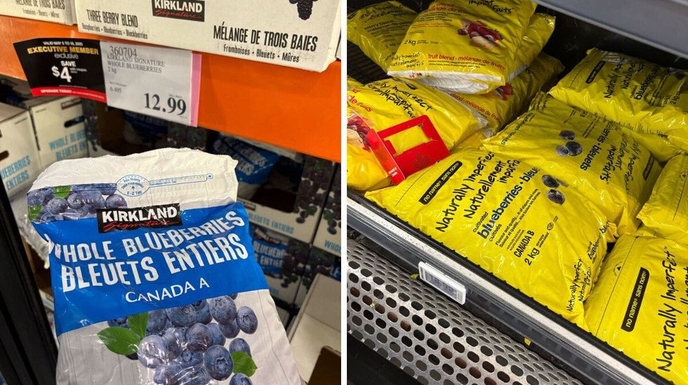 bag of kirkland signature frozen blueberries at costco. right: bags of no name frozen blueberries at loblaws