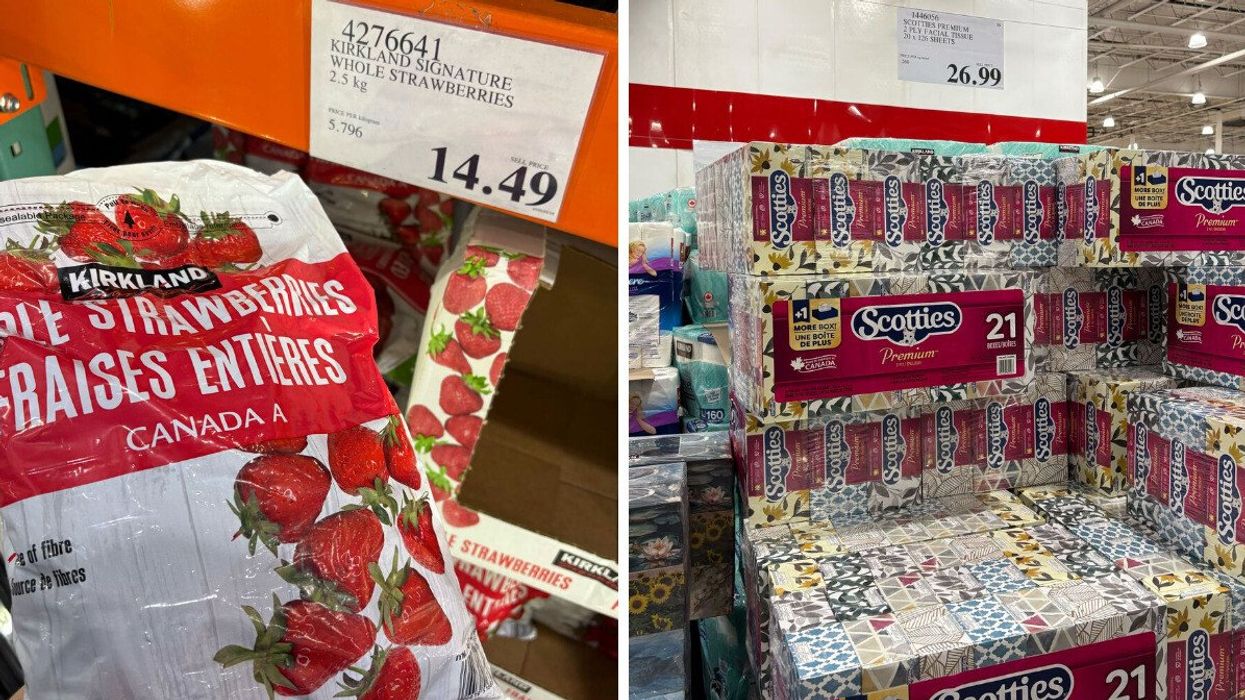 bag of kirklang signature frozen whole strawberries. right: boxes of scotties tissues at costco