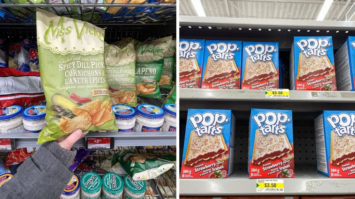 bag of miss vickie's chips at walmart. right: boxes of pop-tarts on shelves at dollarama