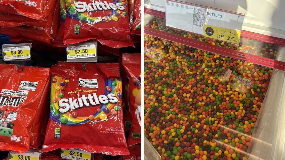 bag of Skittles at Dollarama. Right: bin of Skittles at Bulk Barn