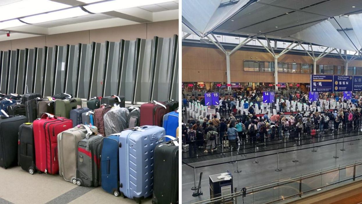 Bagages non-réclamés dans un aéroport. Droite : File d'attente à l'aéroport Montréal-Trudeau.