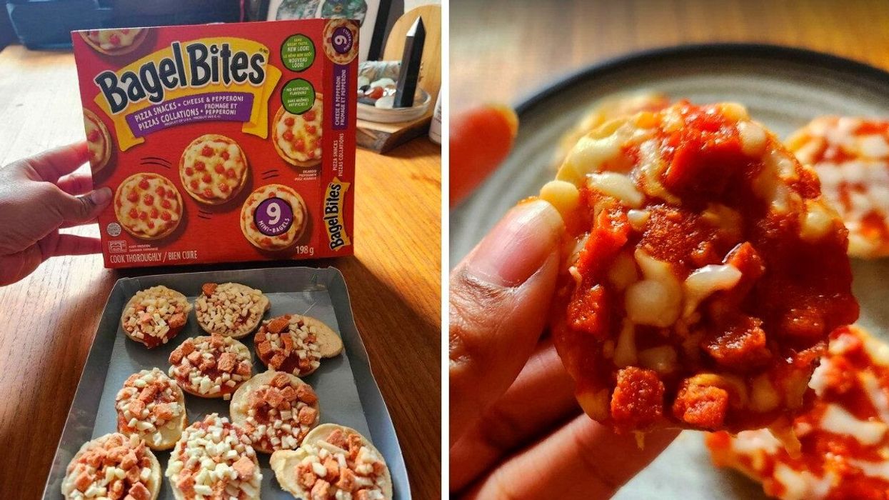 Bagel Bites on a tray. Right: A hand holding a Bagel Bite.