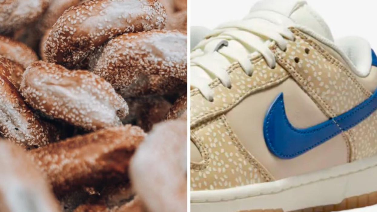 Bagels St-Viateur. Droite : Souliers Nike.