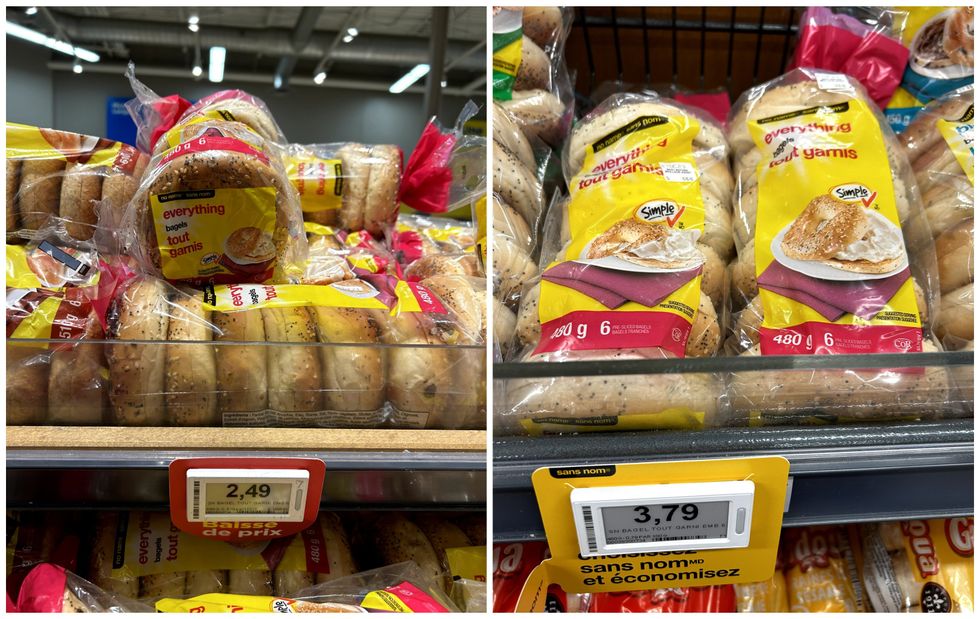 Bagels tout garnis Sans nom en vente chez Maxi. Droite : Bagels tout garnis Sans nom en vente chez Provigo.