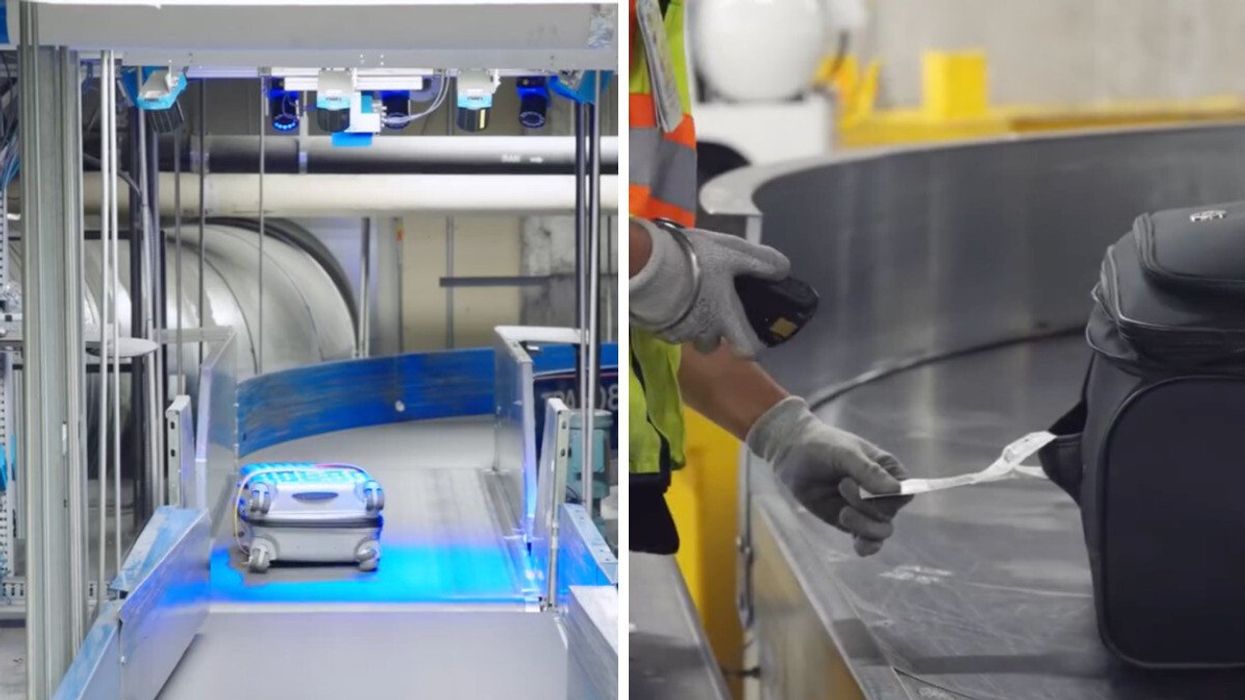 Baggage. Right: Person scanning a baggage tag.