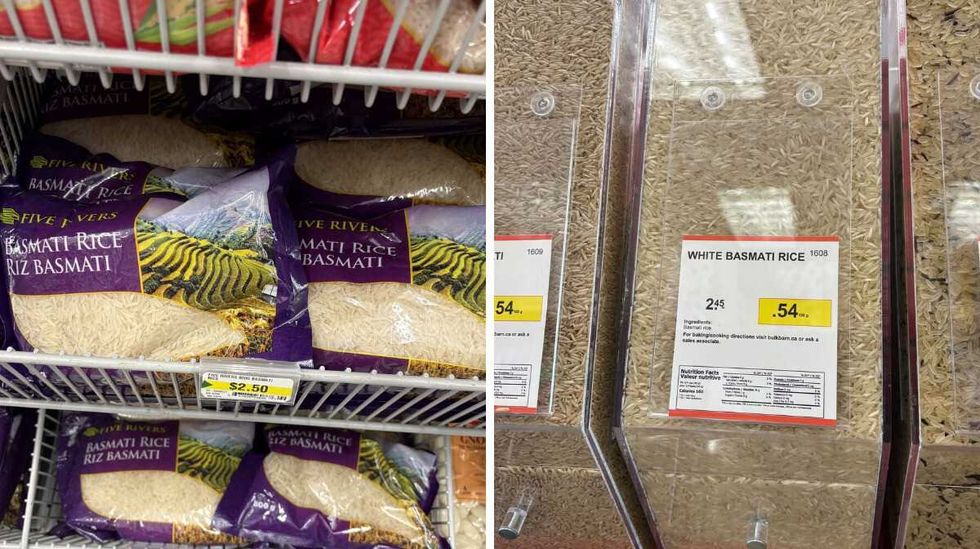 bags of Basmati rice at Dollarama. Right: bin of Basmati rice at Bulk Barn