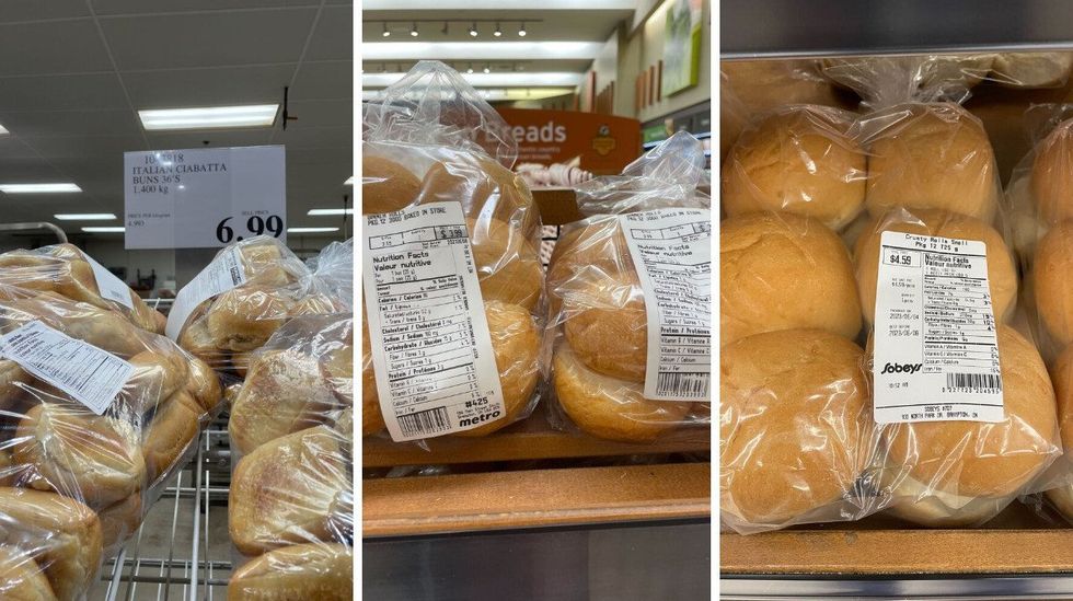 bags of bread rolls at costco. centre: bags of rolls at metro. right: bag of rolls at sobeys.