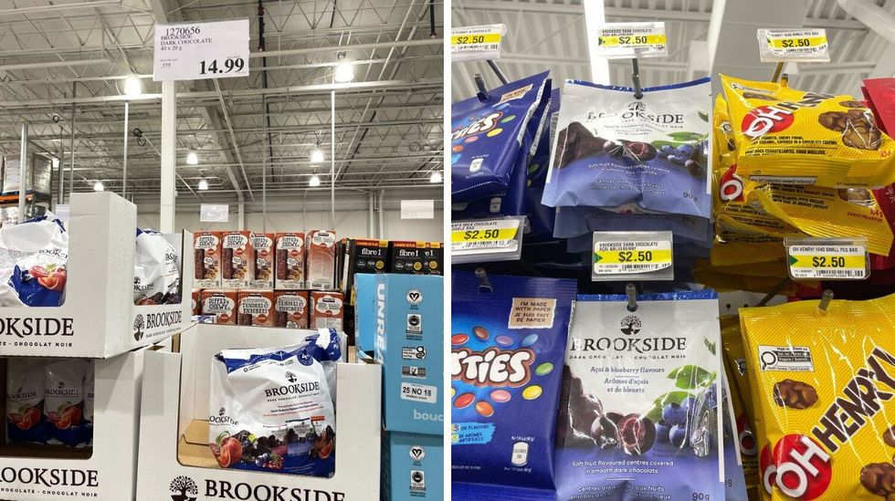 bags of brookside chocolate at costco. right: bags of brookside chocolate at dollarama