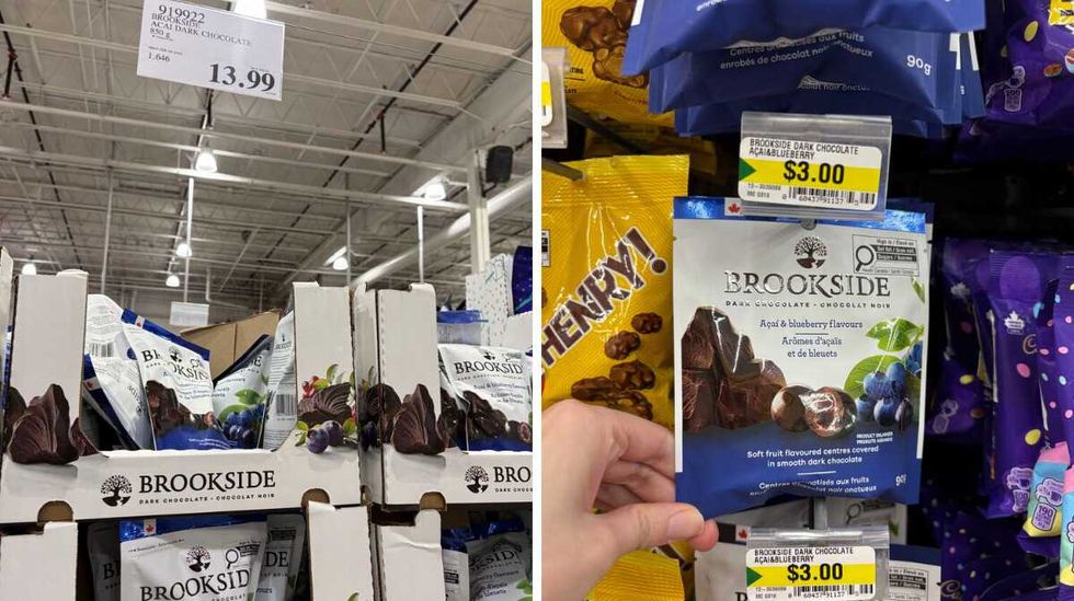 bags of Brookside chocolate at Costco. Right: person holding bag of Brookside chocolate at Dollarama
